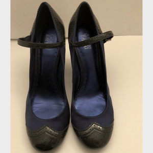 Coach Navy silk & patent leather glitter heel shoe